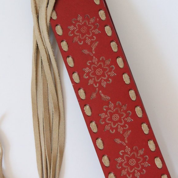 Vintage Red Floral Etching Suede Fringe Genuine Leather Belt / Fits 32W-38W - Picture 5 of 5